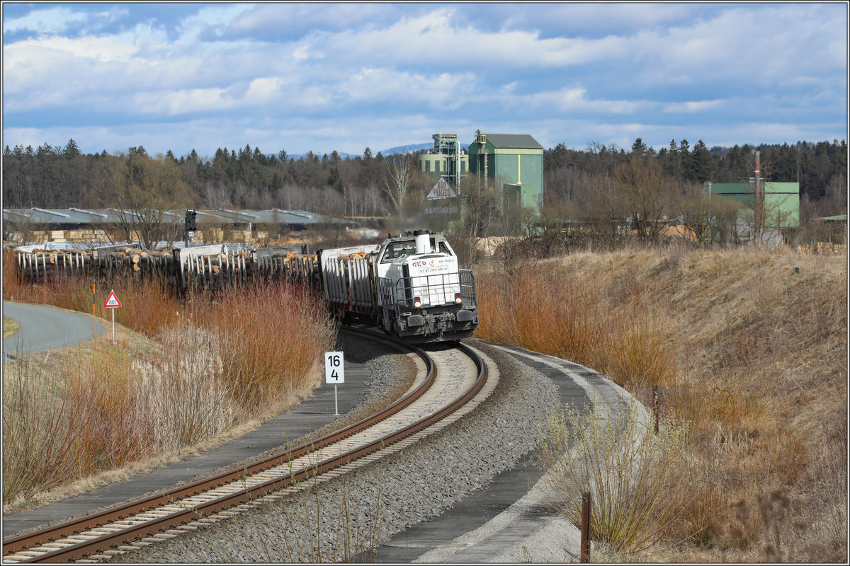 Auch der frühe Frühling hat seinen Reiz ,... 
Hier im Bilde beginnen sich die Zweige so manchen Strauches in ein sattes Braun zu wandeln. 

DH1700.2 donnert unbeeindruckt davon mit ihrem  Güterzug durch den Bahnhof Wettmanstätten. 
An diesem sonnigen 15.März 2019 hatte Sie noch mächtig Last im Bahnhof Preding hinterlassen. 
