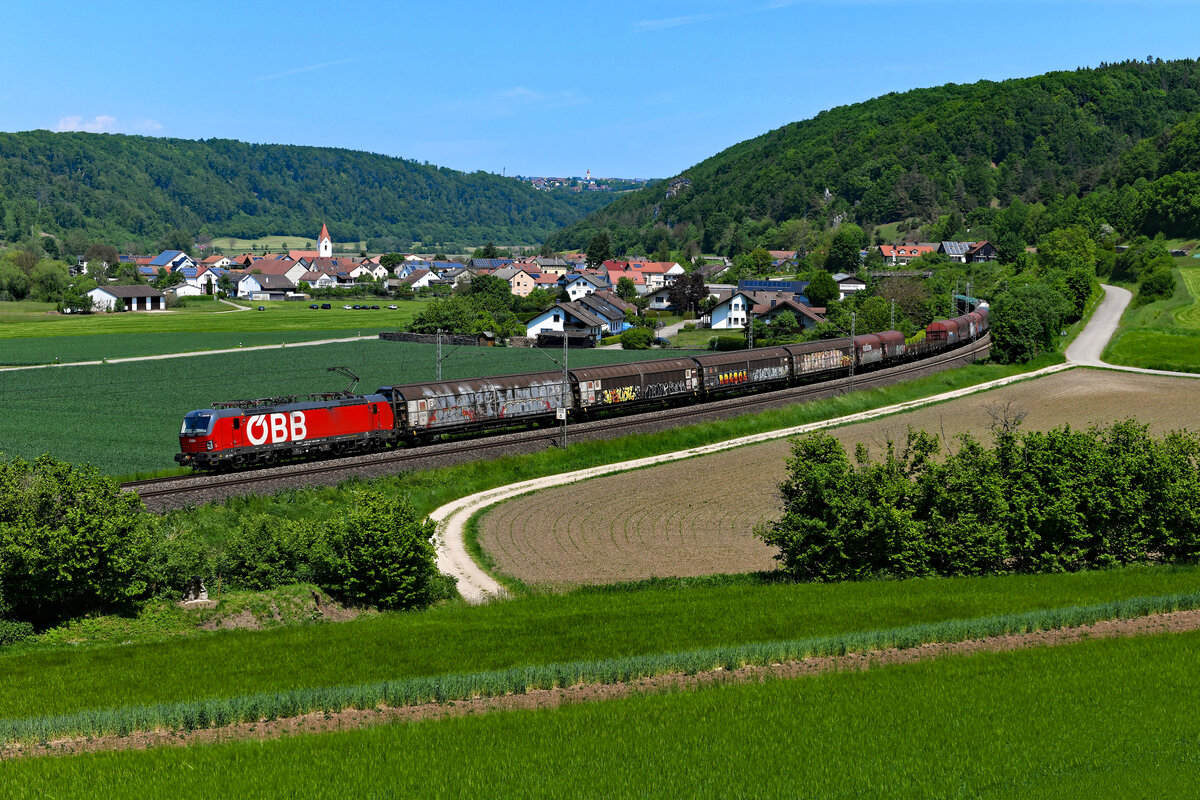 Auch die gemischten Güterzüge zwischen Österreich und Nürnberg Rangierbahnhof nahmen baustellenbedingt den Umweg über das Altmühltal. Am 03. Juni 2021 begegnete mir bei Breitenfurt die 1293.183 mit einer solchen Leistung. 
