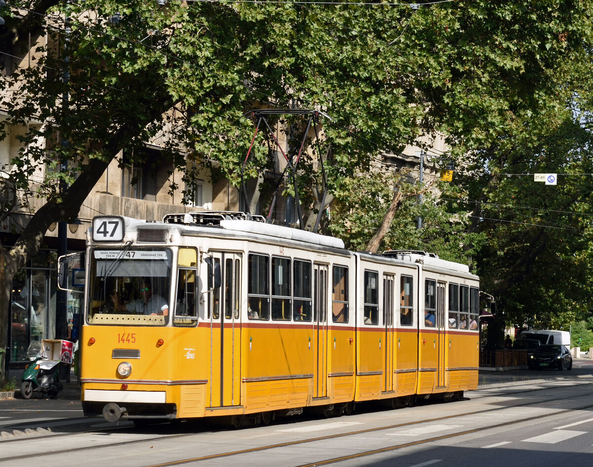 Auch im Jahr 2021 sind die Ganz CSMG nicht aus dem budapester Stadtbild verschwunden,
so auch am 16. September als der Triebwagen 1445 auf der Linie 47 vom Deák Ferenc Tér
zum Városház Tér unterwegs war und von mir in der  Bartók Béla út fotografiert wurde.