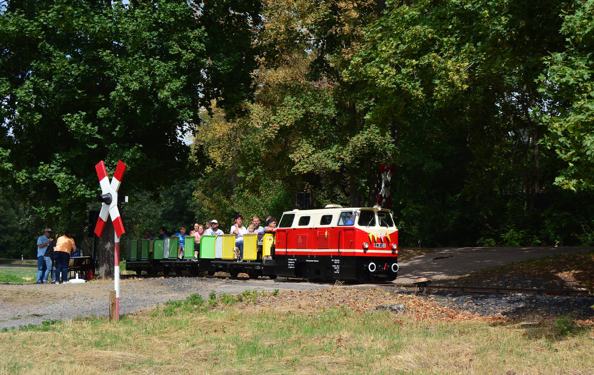 Auch die Parkeisenbahn Vatterode besitzt einen Bahnübergang welcher noch mit alter WSSB Technik versehen ist. Hier überquert sie den BÜ und wird in Kürze die Endhaltestelle am Ortsrand von Vatterode erreichen.

Vatterode 05.08.2018