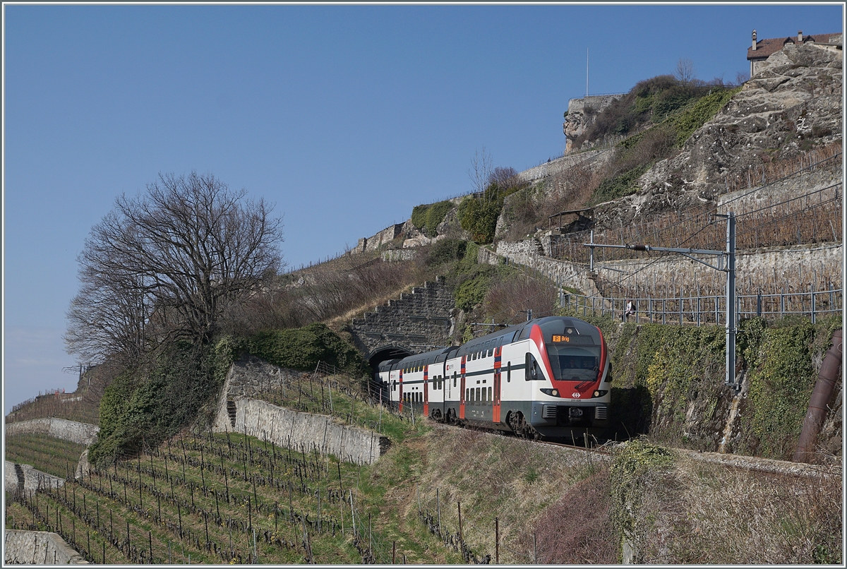 Auch die RABe 511 liefen im RE/IR Umleitungsverkehr mit. Im Bild der SBB RABe 511 026 als IR 30719 auf der Fahrt von Genève Aérport nach Brig beim Verlassen des 20 Meter langen Salanfe Tunnel oberhalb von St-Saphorin. 

20. März 2022