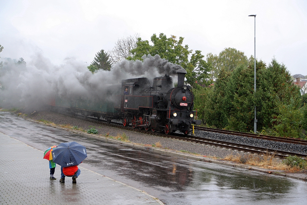 Auch strömender Regen kann den Vater am 05.Oktober 2019 nicht davon abhalten, kurz vor dem Bahnhof Chrudim seinem Sohn die CSD 423 009 (CD 90 54 4230 009-1) mit dem Os 11805 (Chocen - Slatinany) zu zeigen.