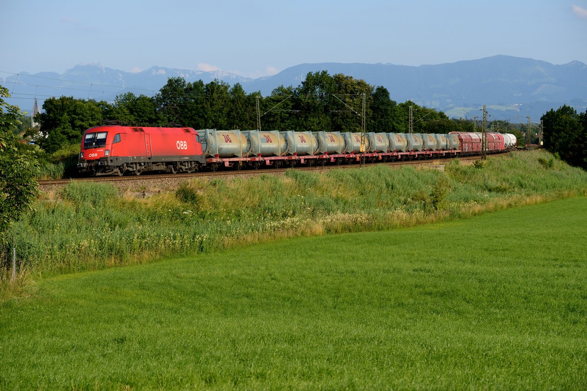 Auch verlässlich am späteren Nachmittag verkehrend ist die Übergabe aus Rosenheim. Diese erkennt man schon am Wagenpark, oft sind Wagen mit Behältern der ZAS Burgkirchen - Zweckverband Abfallverwertung Südostbayern eingereiht.
Am 12. Juli 2013 war 1116 052 Zuglok.