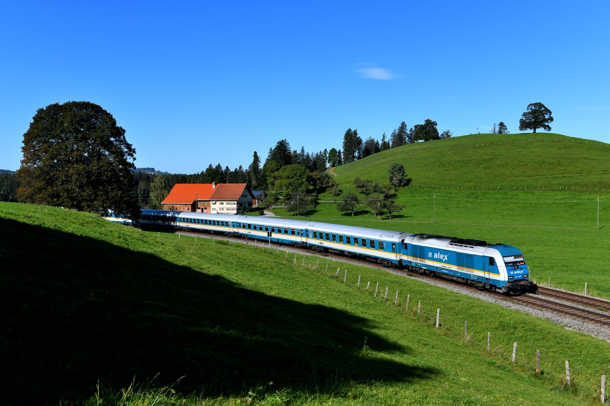 Auch wenn es nicht danach aussieht: Für dieses Bild des von 223 066 nach München HBF beförderten ALX 84107 bei Heimhofen war Standhaftigkeit und starker Einsatz gefragt. Während ich auf den Zug wartete, zeigte ein Jungstier großes Interesse und fasste schnell einseitig Zuneigung zu mir. Als ich den Auslöser betätigte, wurde ich gerade von einer Rinderzunge von oben bis unten abgeschleckt.... 