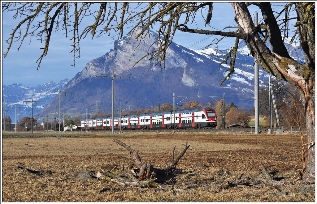 Auch zwischen Chur und Zürich gibt's Änderungen. So wurden die IR in RE gewechselt und verkehren neu mit RABe 511. Hier ist RE1774 zwischen Maienfeld und Bad Ragaz unterwegs. (15.12.2013)