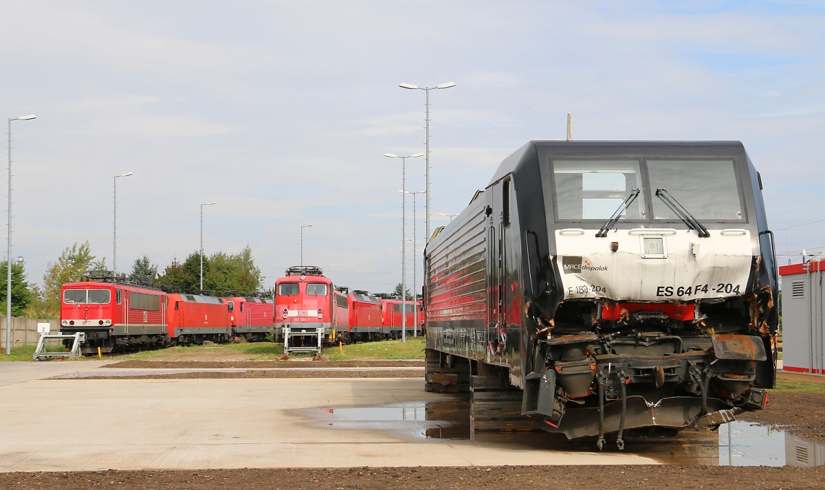 Auf dem Außengelände des Werks Dessau waren am 30.08.2014, am Tag der offenen Tür, diverse Loks verschiedenster Baureihen abgestellt. Unter anderem die lädierte 189 204 (ES 64 F4-204) und hinten in der Bildmitte 113 268. 