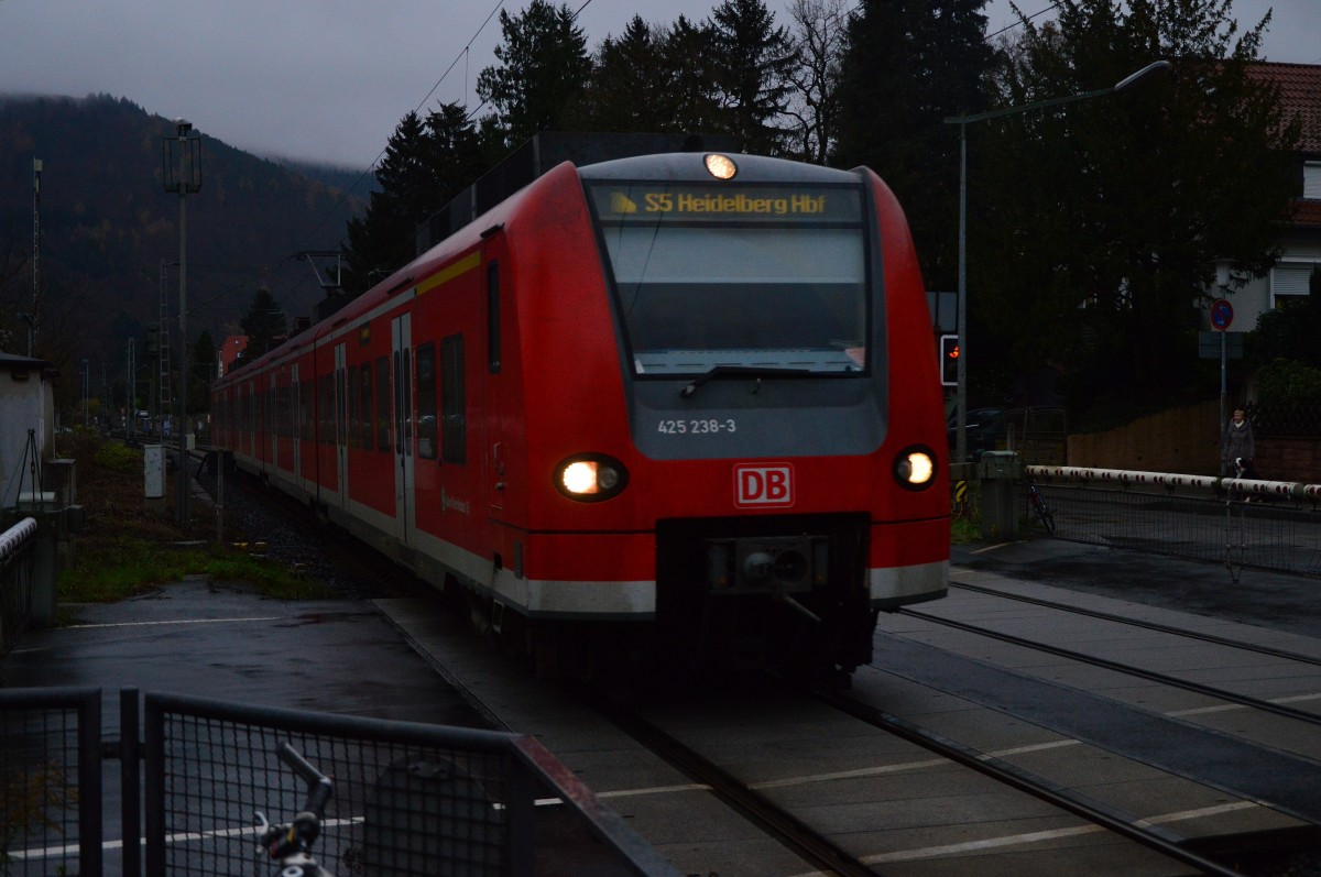 Auf dem Bü in Schlierbach-Ziegelhausen ist der 425 238-3 zu sehen am Sonntag den 29.11.2015 als er als S5 nach Heidelberg Hbf fährt.