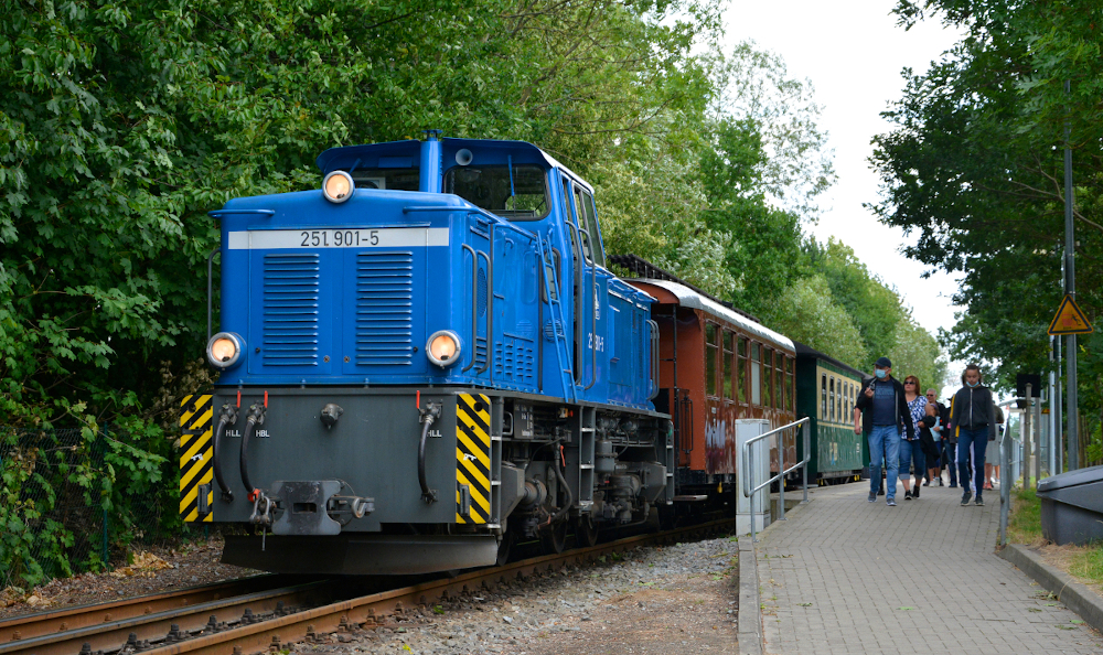 Auf dem Dreischienengleis zwischen Putbus und Lauterbach Mole zog 251 901-5 nach dem kurzen Aufenthalt im Hp  Lauterbach Mole  den Zug zurück nach Putbus, wo die Dampflok 99 4802-7 wieder an die Zugspitze umsetzten konnte und die Diesellok auf die nächsten Einsätze wartete. Aufnahme vom 31.07.2021.