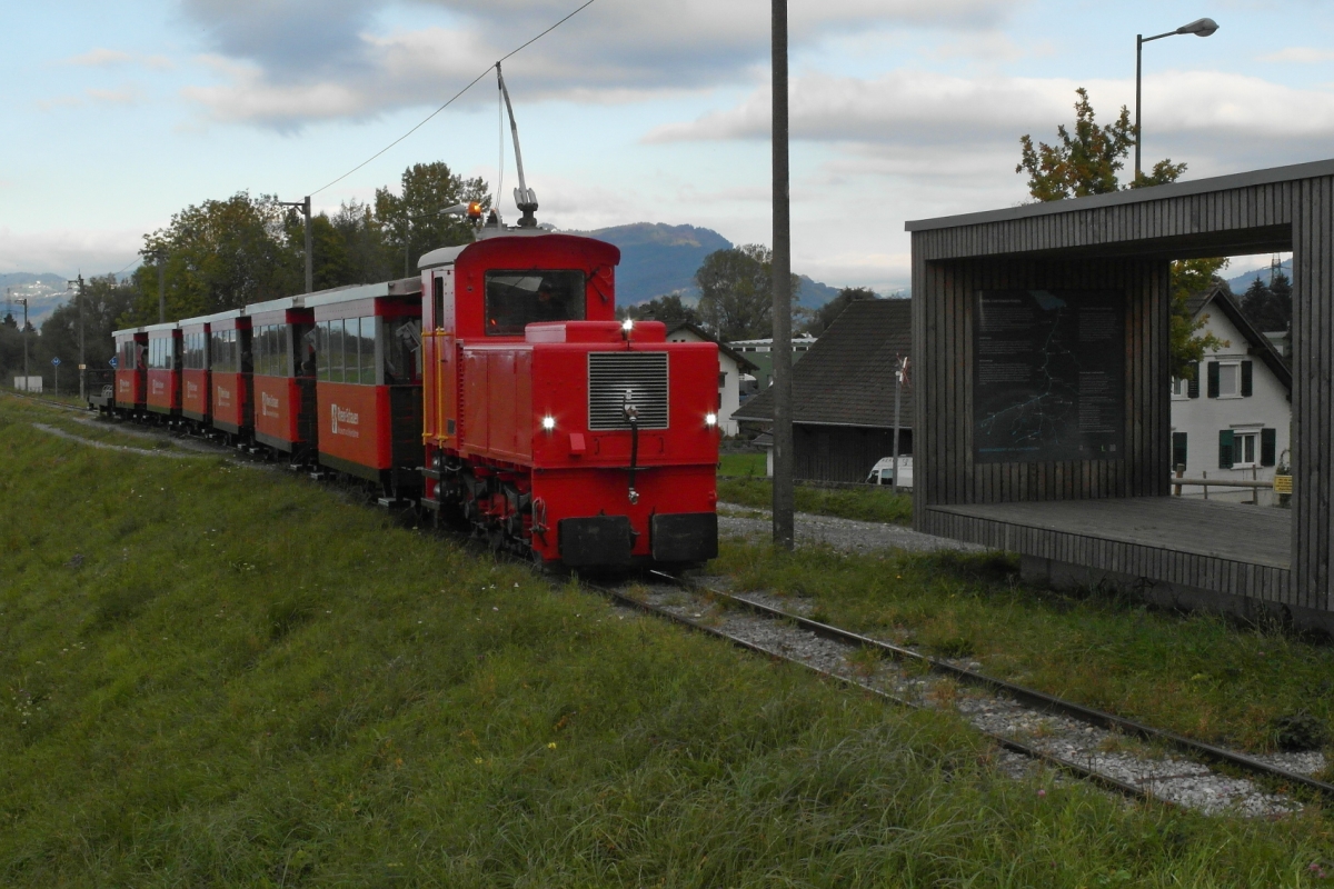 Auf dem Rückweg von der Rheinmündungsfahrt erreicht die Lok 'URS' mit den Fahrgästen am 11.10.2015 in Kürze das Museumgelände in Lustenau, auf dem die Fahrt enden wird.