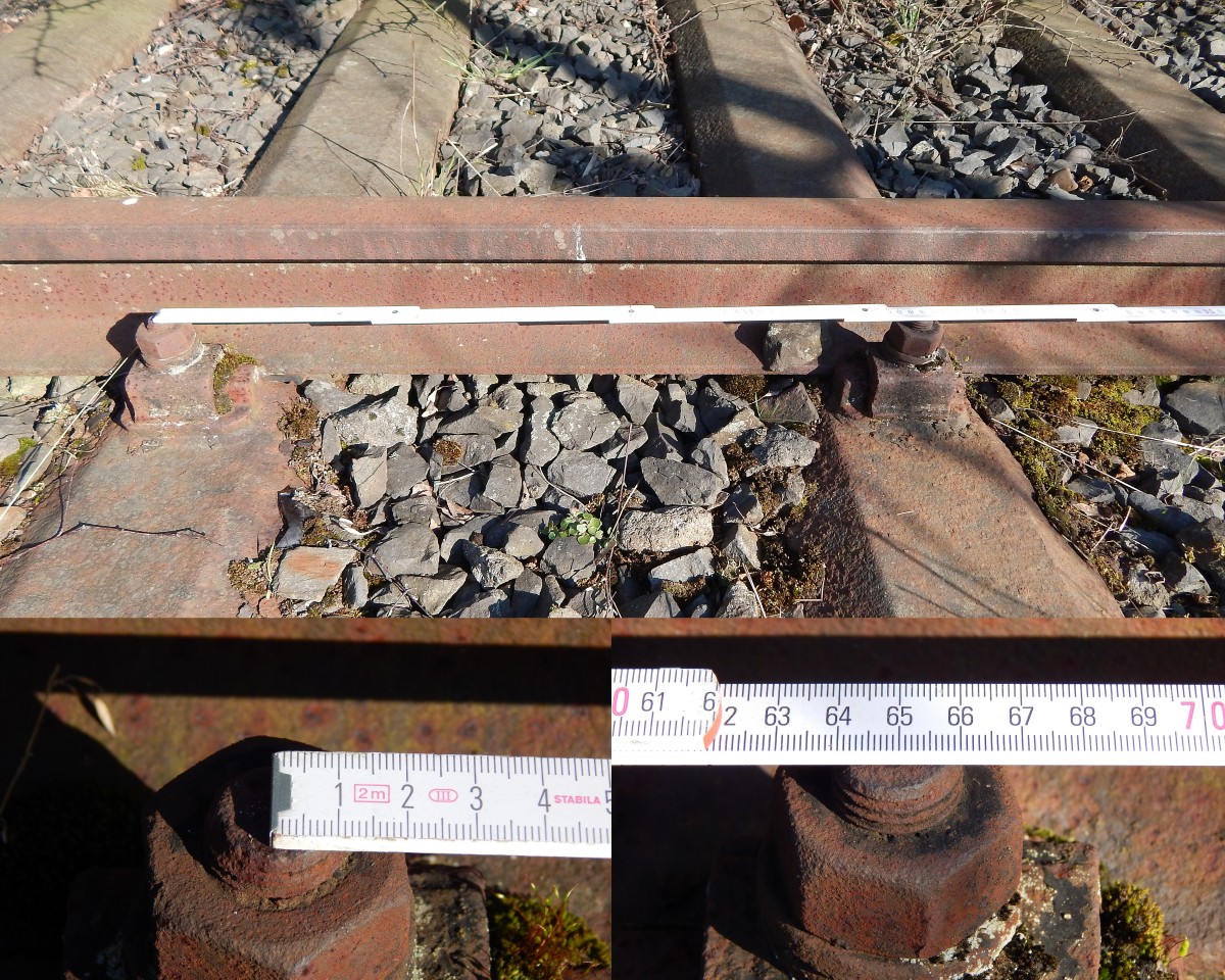 Auf dem stillgelegten Anschlussgleis von Grevenbroich Erftwerk zur Snack Fabrik und ehemaligen Maschinenbau Fabrik zeige ich in diesen Bildern wie man den Schwellenabstand abmisst. Der Schwellenabstand wird von Mitte Hakenschraube bis Mitte Hakenschraube gemessen, in diesem Fall hat das Anschlussgleis einen Schwellenabstand von 65cm. Nun rechne ich die Schwellenanzahl auf 1000m aus.
1000m ÷ 0,65m = 1538,46  macht 1539 Schwellen auf 1000m..

Grevenbroich 27.02.2016