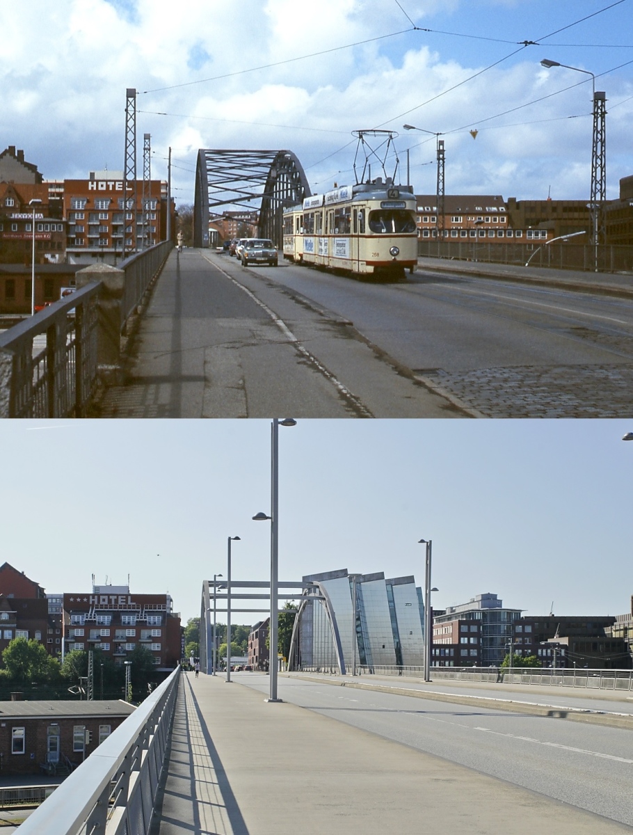 Auf dem Weg nach Wellingdorf befährt der Kieler GT6 268 am 27.04.1985 die Gablenzbrücke, auf der die DB-Gleisanlagen überquert werden. Wie auf dem Vergleichsbild vom 08.07.2023 zu sehen ist, wurde sie inzwischen durch einen Neubau ersetzt.