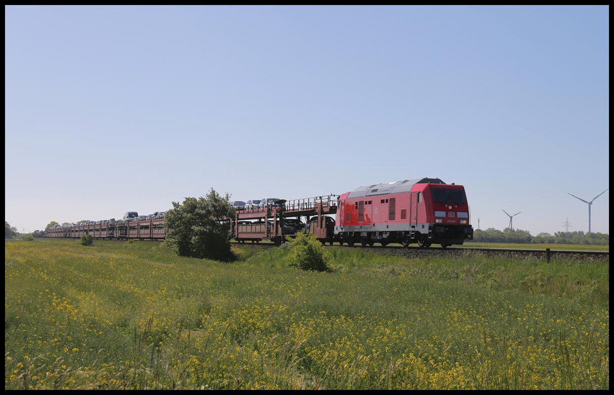 Auf dem Weg nach Westerland ist hier die moderne DB 245021 am 29.05.2020 um 9.51 Uhr mit einem Autozug am BÜ Gotteskoog unterwegs.