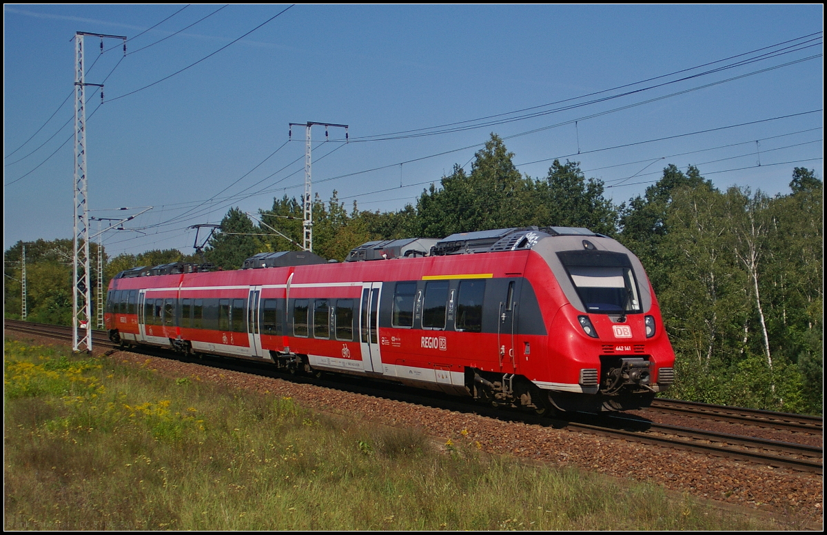 Auf Dienstfahrt nach Schnefeld befand sich DB Regio 442 141-8, als der Triebzug am 29.08.2017 durch die Berliner Wuhlheide fuhr
