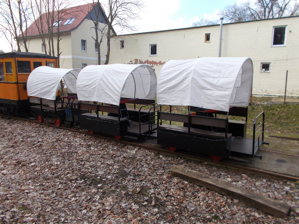 Auf der ehemaligen Strecke von Tiefensee nach Wriezen sind Draisinenfahrten möglich.Im Draisinenhauptbahnhof Tiefensee fotografierte ich am 19.März 2016 drei Draisinen.