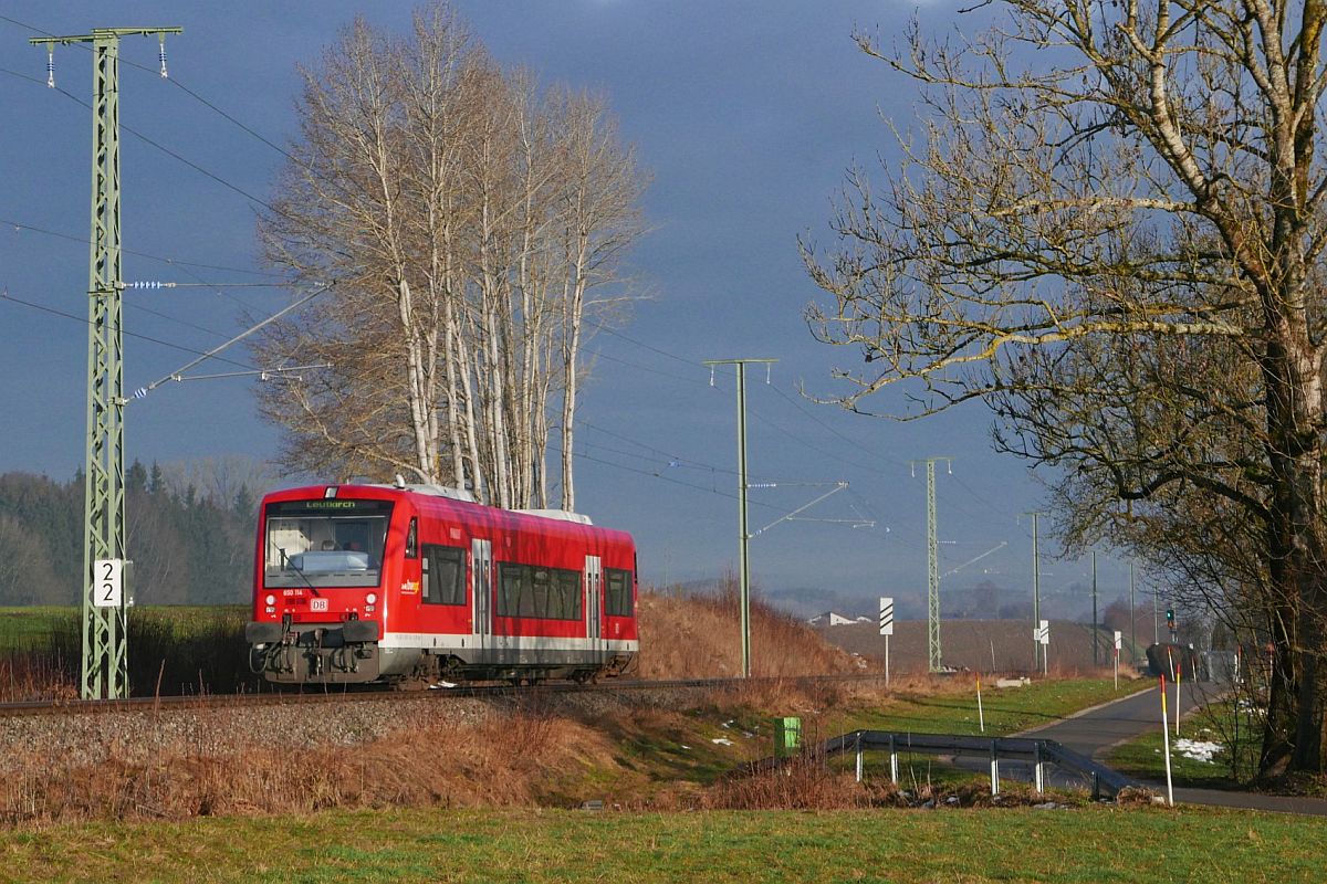 Auf der Fahrt von Wangen nach Leutkirch befindet sich 650 114 am 16.12.2020 als RB 96 / RB 17857 in der Nhe des Kilegger Ortsteils Brenweiler.