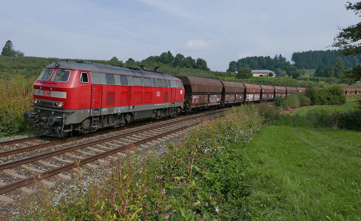 Auf Grund einer baustellenbedingten Streckensperrung zwischen Aulendorf und Ravensburg wurde der  Roberger Kieszug  im September zwei Wochen ber Kilegg, Wangen und Hergatz umgeleitet. Mit den in Roberg beladenen Wagen befindet sich 218 495-0 am 23.09.2016 bei Bodolz auf der Fahrt nach Lindau-Reutin.