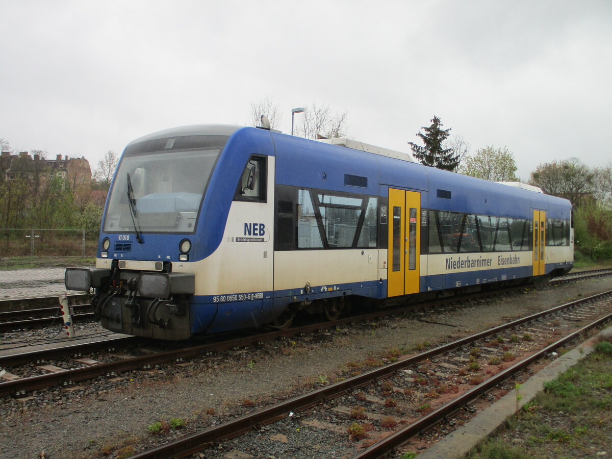 Auf der Ladestraße in Eberswalde stand,am 07.Mai 2021,der NEB VT 018.