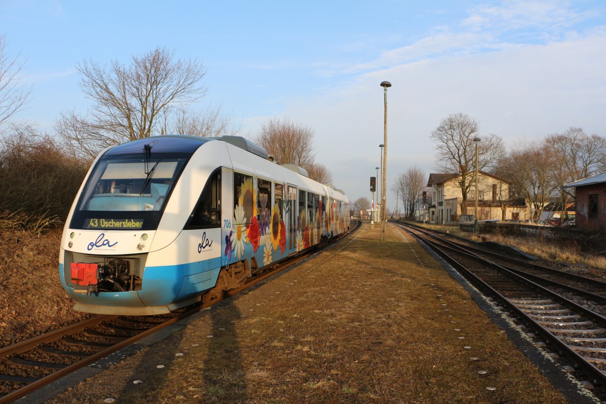 Auf der Linie 43 nach Oschersleben am 10.03.2015 in Dodendorf VT 706 der Ex Ostseeland Verkehr GmbH