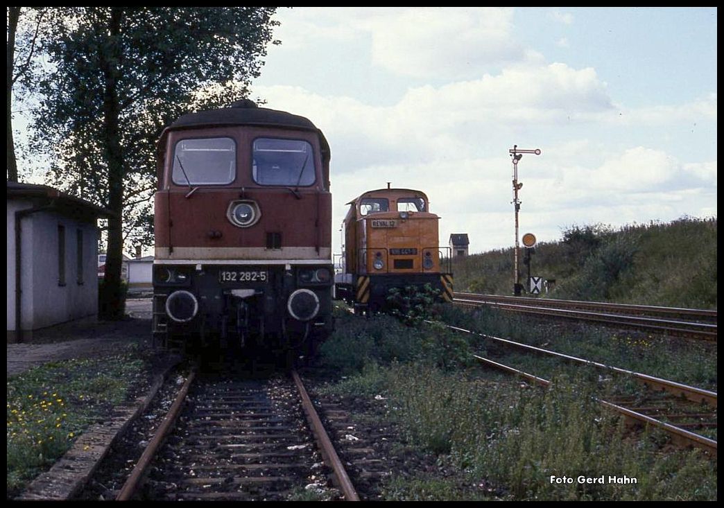 Auf Nebengleisen im BW Eilsleben standen am 16.9.1990 die 132282 und die 106441.