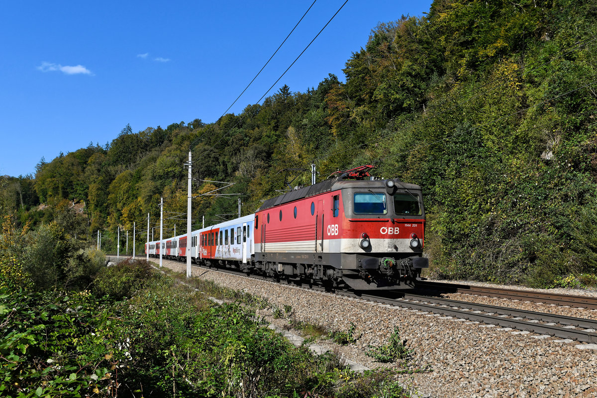 Auf der Passauerbahn sind nach wie vor noch lokbespannte Regionalzüge anzutreffen. Am 04. Oktober 2020 konnte ich die 1144.231 vor dem REX 1783 von Passau nach Linz HBF kurz hinter der Landesgrenze bei Ingling aufnehmen. 