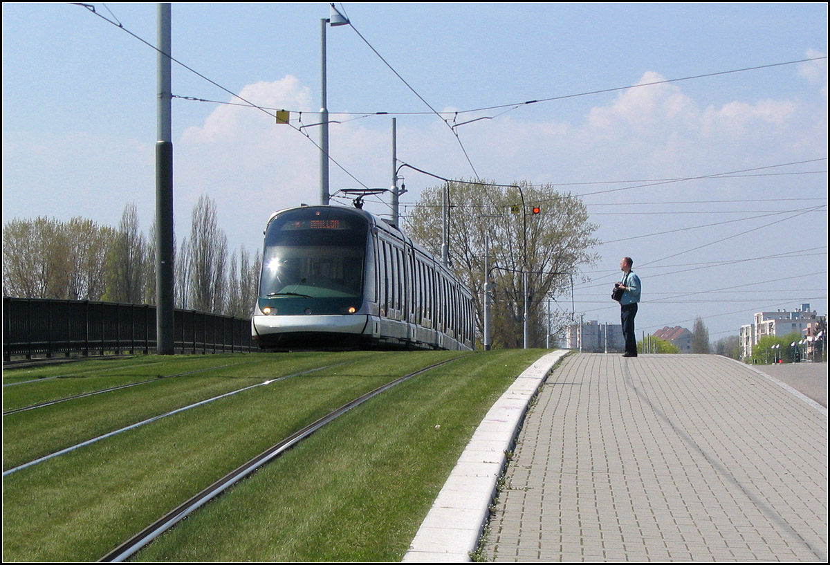 Auf Rasen über die Brücke -

Eine Eurotram auf der Linie A überquert auf Rasenbahnkörper die Brücke über den Canal du Rhône nicht weit der Endstation Illirch Lixenbuhl. 

21.04.2006 (J)
