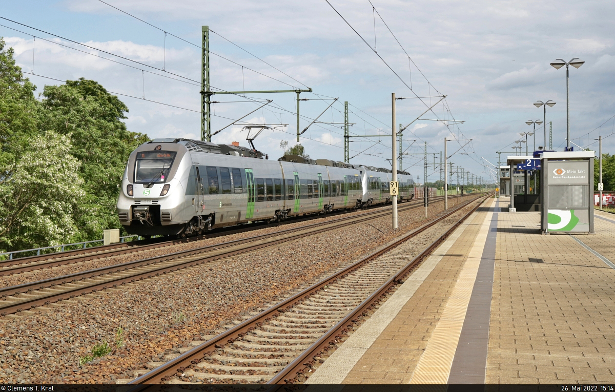 Auf schnellstem Wege fahren 1442 630 und 1442 603 (Bombardier Talent 2) in Dieskau dem Endbahnhof entgegen.

🧰 S-Bahn Mitteldeutschland (DB Regio Südost)
🚝 S 37572 (S5) Regis-Breitingen–Halle(Saale)Hbf
🕓 26.5.2022 | 15:14 Uhr