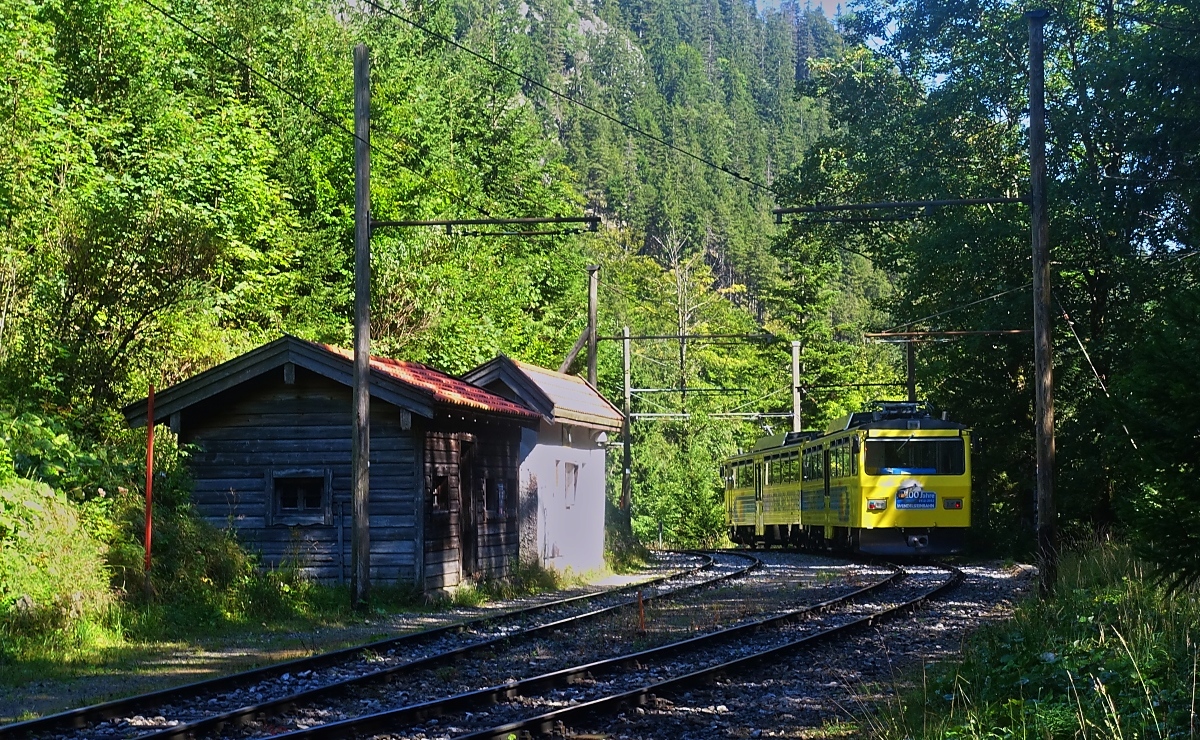 Auf der Talfahrt durchfährt der Beh 4/8 12  Otto von Steinbeis  der Wendelsteinbahn am 05.09.2023 die Kreuzungsstation Aipl