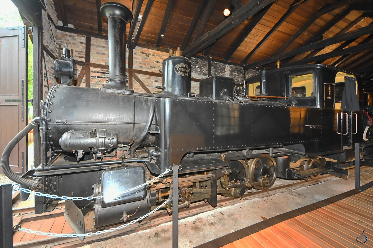Aufgrund der beengten Verhältnisse recht schwierig in Gänze auf Karte zu bannen war die bei Kraus (Linz) gebaute Dampflokomotive 2341/90  Nr. 4  der Salzkammergut-Lokalbahn(SKGLB). (Museum der Ischler Bahn in Mondsee, August 2020)
