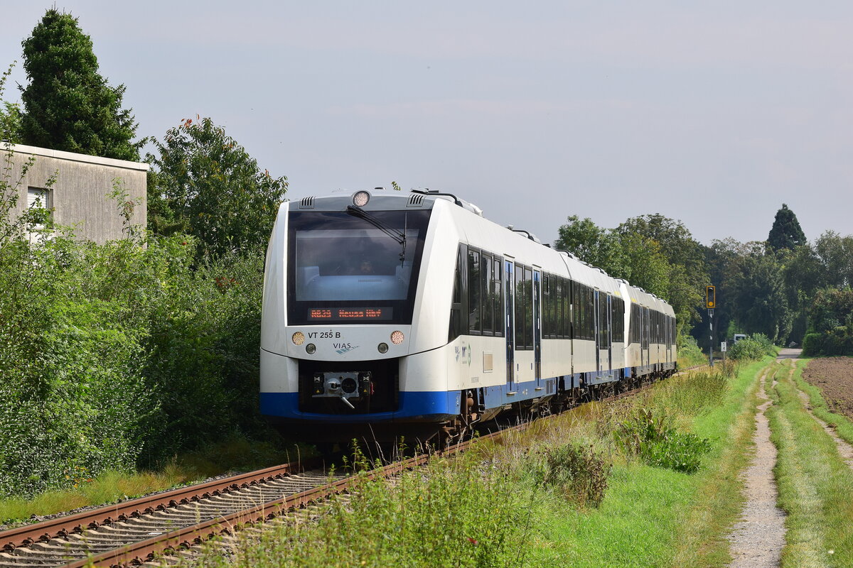 Aufgrund von Brückenbauarbeiten zwischen Bergheim und Quadrath verkehrt die Vias auch auf dem Abschnitt Bedburg - Bergheim. Somit gibt es seit der Übernahmedurch Vias erstmals wieder Durchgangsverkehr bis Neuss und Düsseldorf. Hier hat VT255 Bergheim soeben hinter sich gelassen und ist auf den Weg in Richtung Bedburg.

Bergheim 17.09.2021