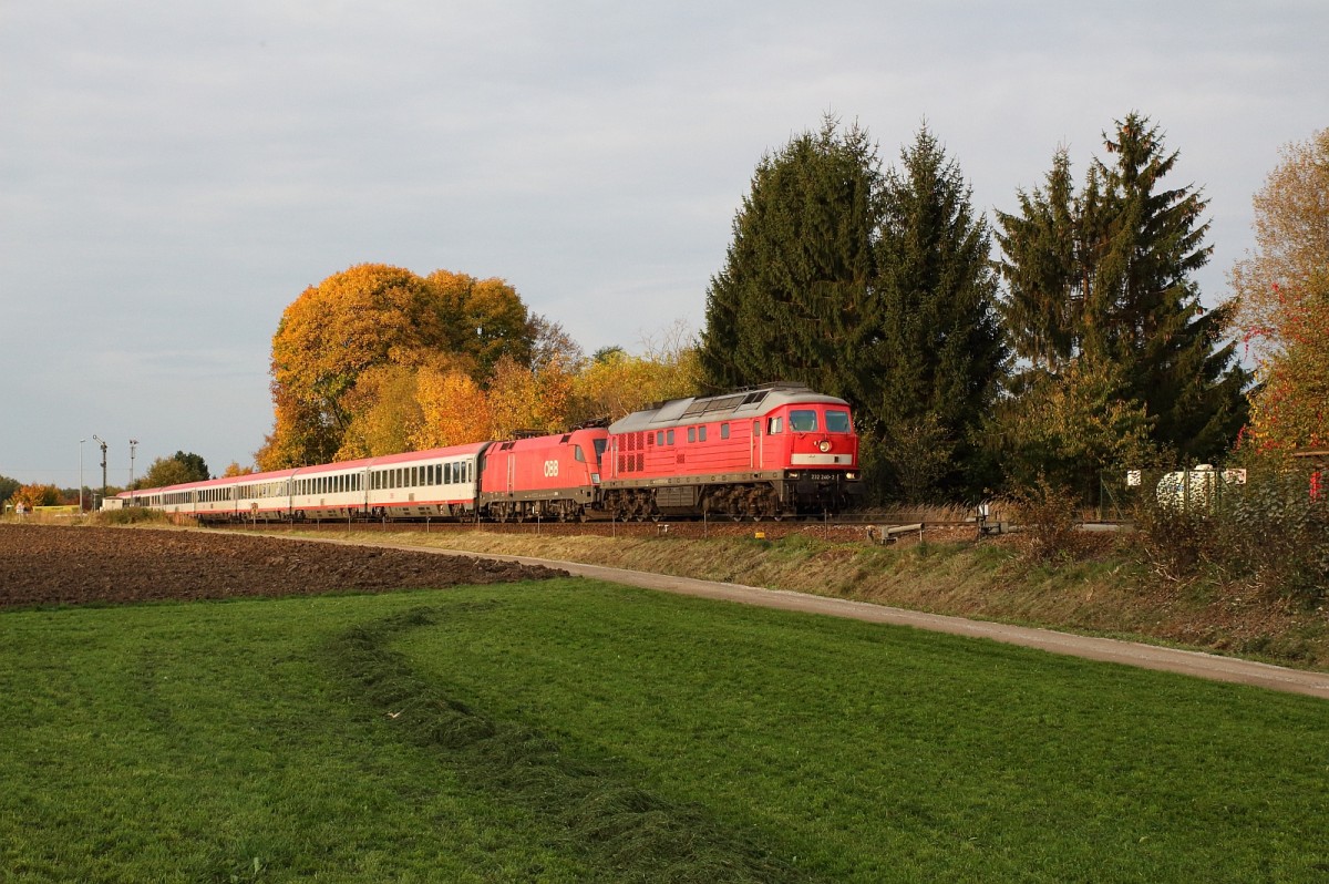 Aufgrund von Br�ckensanierungen auf der Strecke M�nchen-Salzburg werden an den Wochenenden 19.+20.10.13 und 26.+27.10.13 s�mtliche Fernverkehrsz�ge und auch mehrere G�terz�ge �ber die KBS 940 M�nchen-M�hldorf umgeleitet. Da der einzusetzende Bestand an M�hldorfer 218 f�r die IC und EC nicht ausreicht, setzt DB Fernverkehr auch 232 209-7 + 240-2 ein. 
232 240-2 wurde am Morgen des 20.10.13 mit solch einem Zug und mitgef�hrtem �BB-Taurus in H�rlkofen fotografiert.