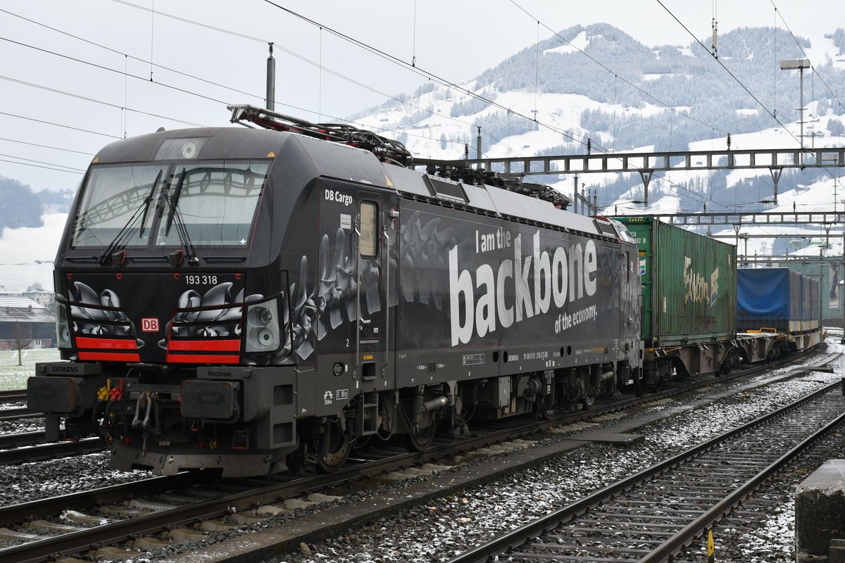 Aufgrund des hohen Schneeaufkommens im Süden der Schweiz und in Italien kam zeitweise der Güterverkehr zum Erliegen. Dies führte zu diversen abgestellten Güterzügen auf der Alpennordseite wie hier 193 318 samt Zug abgestellt in Schwyz, aufgenommen am 05.12.2020.