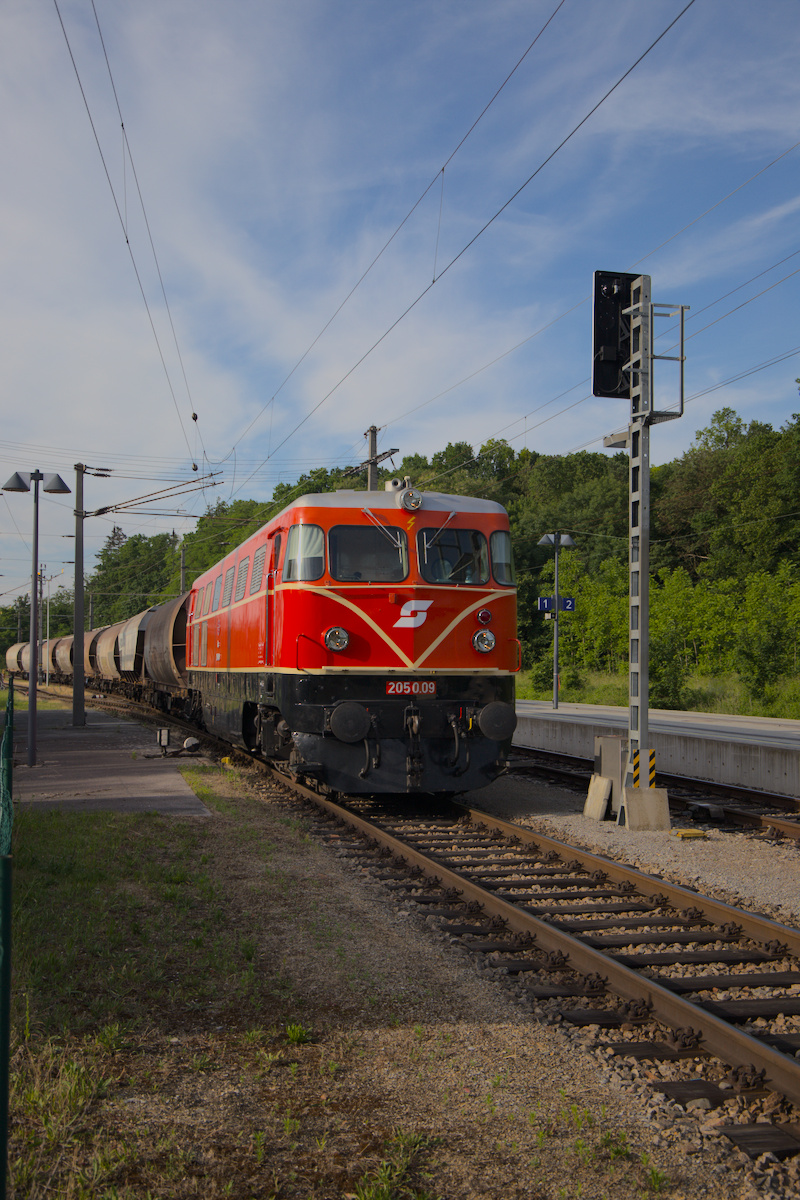 Aufgrund zweier Zugkreuzungen musste die 2050.09 mit ihrem Zug bestehend aus voll beladenen Getreidewagen in Sierndorf kurz halten. (14.06.2021)