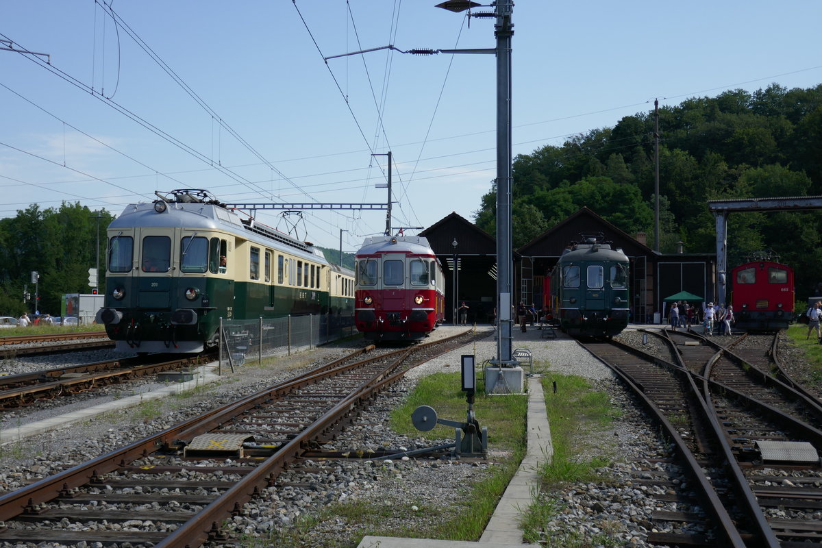 Aufstellung vor dem Depot Koblenz mit dem EBT BDe 4/4, ex WM BDe 4/4, ex SBB RBe 4/4 und dem Rangiertraktor ganz rechts, beim Triebwagentreffen am 1.8.17.