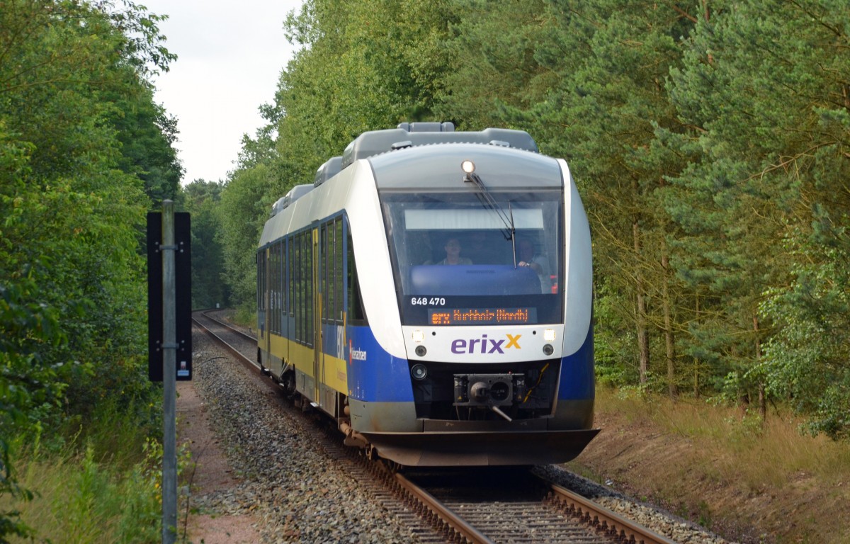 Aus Richtung Soltau kommend erreicht 648 470 am Morgen des 30.06.14 den Haltepunkt Holm-Seppensen und wird kurz danach seinen Endbahnhof Buchholz erreichen.