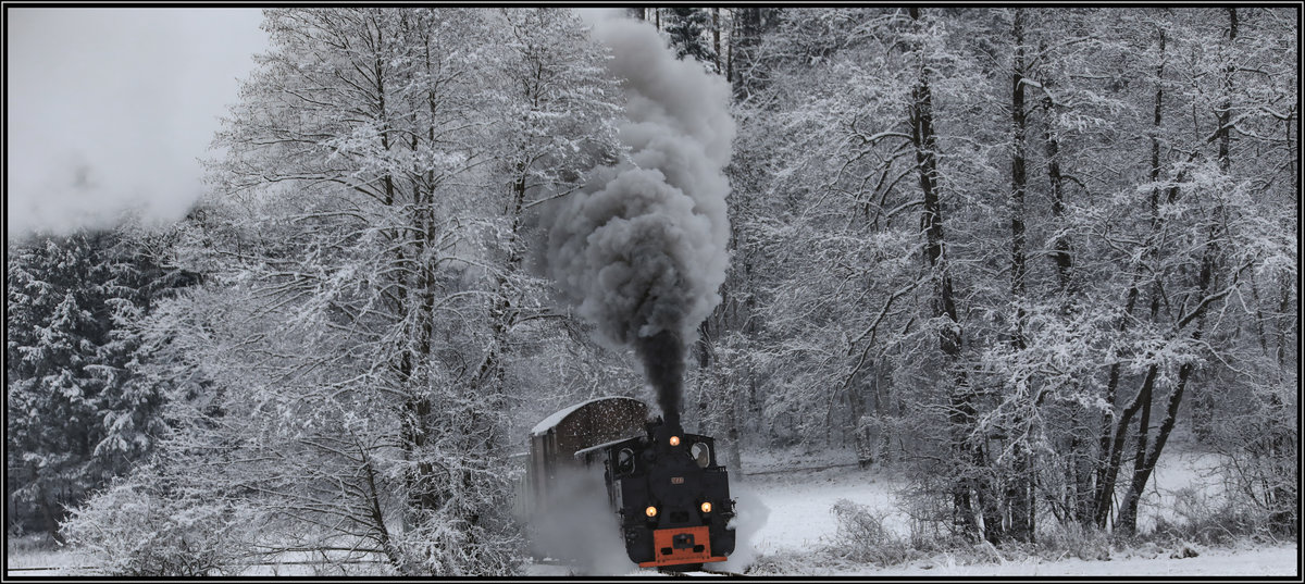 Aus den Wäldern hinaus dampft 764.411 R an diesem Winterlichen 3ten Adventsonntag ( 16.12.2018) 
