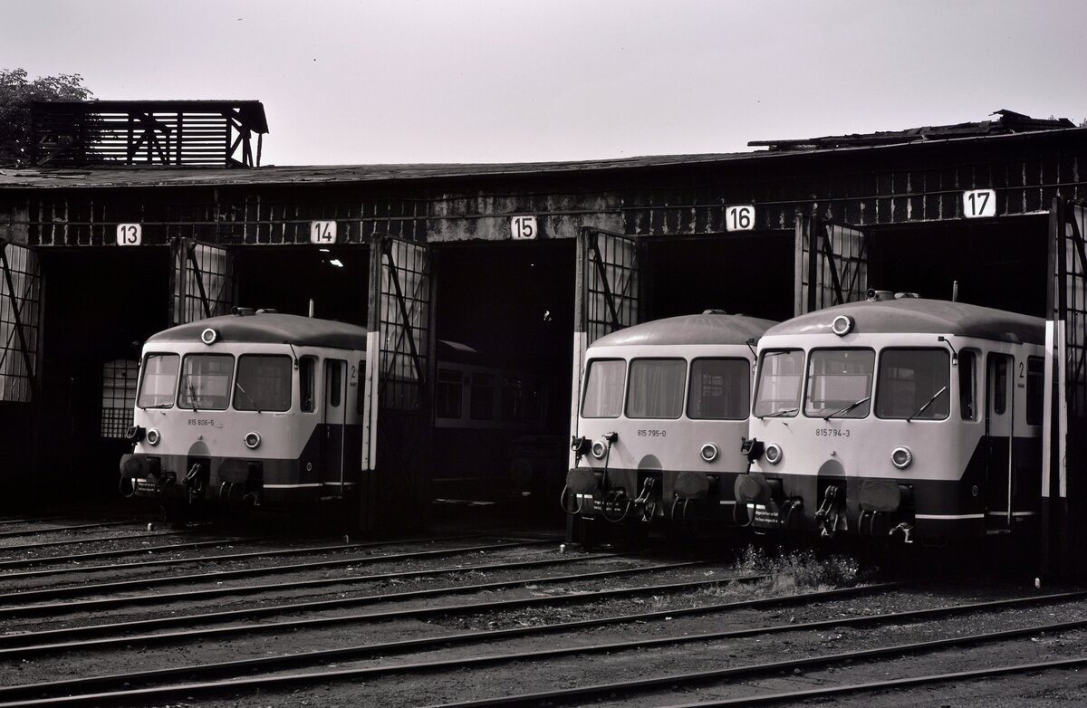 Ausbesserungswerk Limburg (Lahn): Das lebendige Bw Limburg war eine Hochburg der DB-Baureihe 515/815. Im dortigen Ausbesserungswerk fanden auch Wartungsarbeiten statt.
V.l.n.r. : 815 806-5, 815 795-0 und 815 794-3.
Datum: 22.08.1985