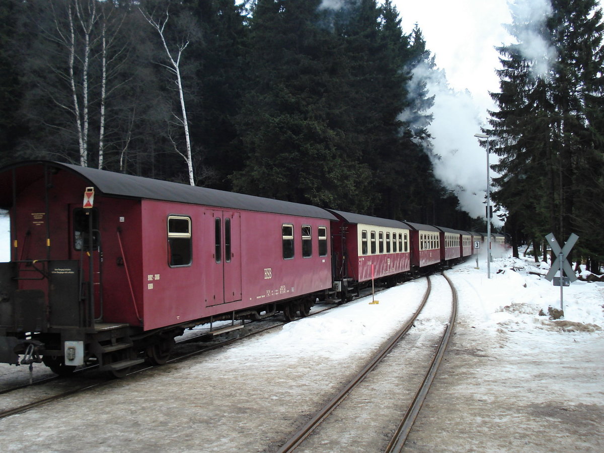 ausfahrender Zug aus dem Bahnhof Schierke der Harzer Schmalspurbahnen (HSB) am 7.2.2009  /