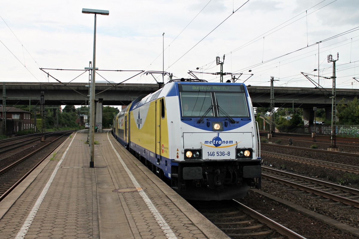 Ausfahrt von 146 536-8 am 13.08.2014 als ME (Hamburg Hbf - Buchholz (Nordh.)) in Harburg gen Süden.