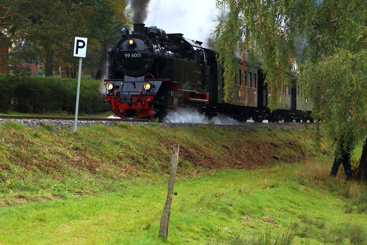 Ausfahrt von 99 6001 mit IG HSB-Sonderzug am 18.10.2015 aus dem Haltepunkt Sorge. (Bild 1)