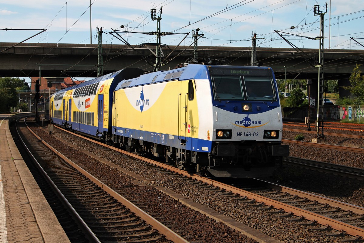 Ausfahrt am 13.08.2014 von ME 146-03 als ME (Hamburg Hbf - Lüneburg) aus Hamburg Harburg gen Süden.