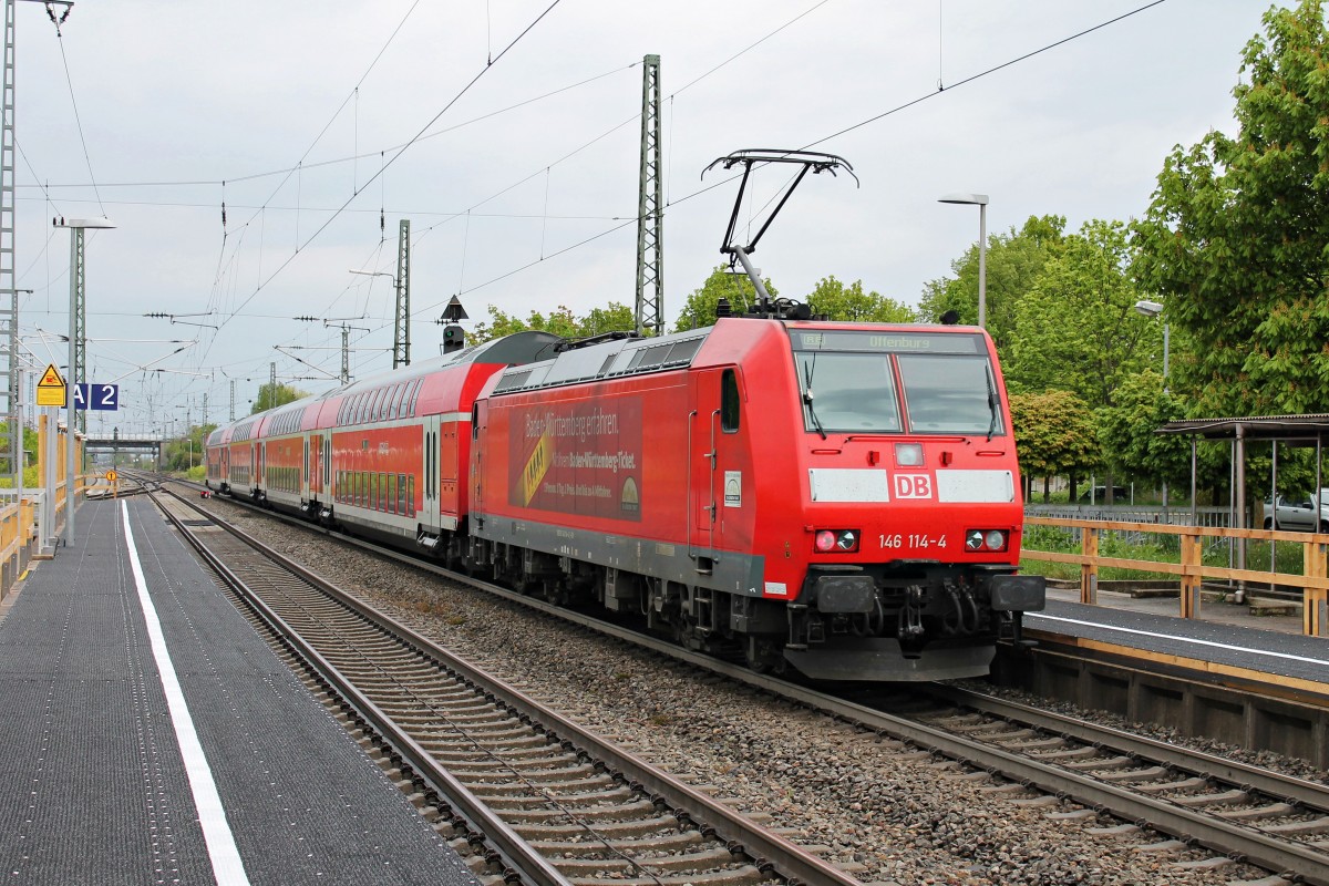 Ausfahrt am 18.04.2014 von 146 114-4  Baden Württemberg erfahren  mit einem RE (Basel Bad Bf - Offenburg) in Müllheim (Baden).