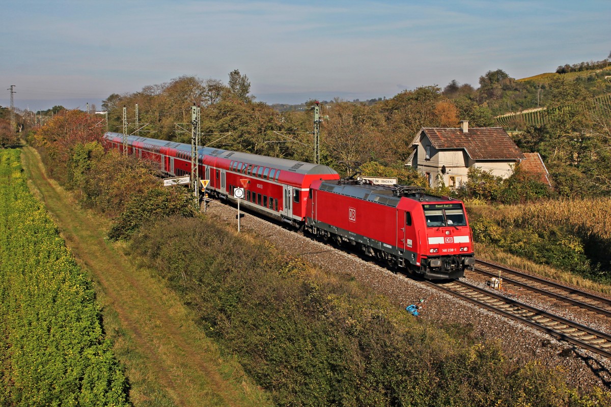 Ausfahrt am 30.10.2014 von 146 238-1 mit einem RE (Offenburg - Basel Bad Bf) aus Müllheim (Baden) gen Auggen. 