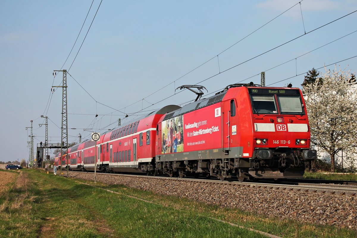 Ausfahrt am Nachmittag des 11.04.2019 von 146 113-6  Ortenaukreis  mit ihrem RE (Offenburg - Basel SBB) aus dem Haltepunkt von Auggen in Richtung Schliengen.
