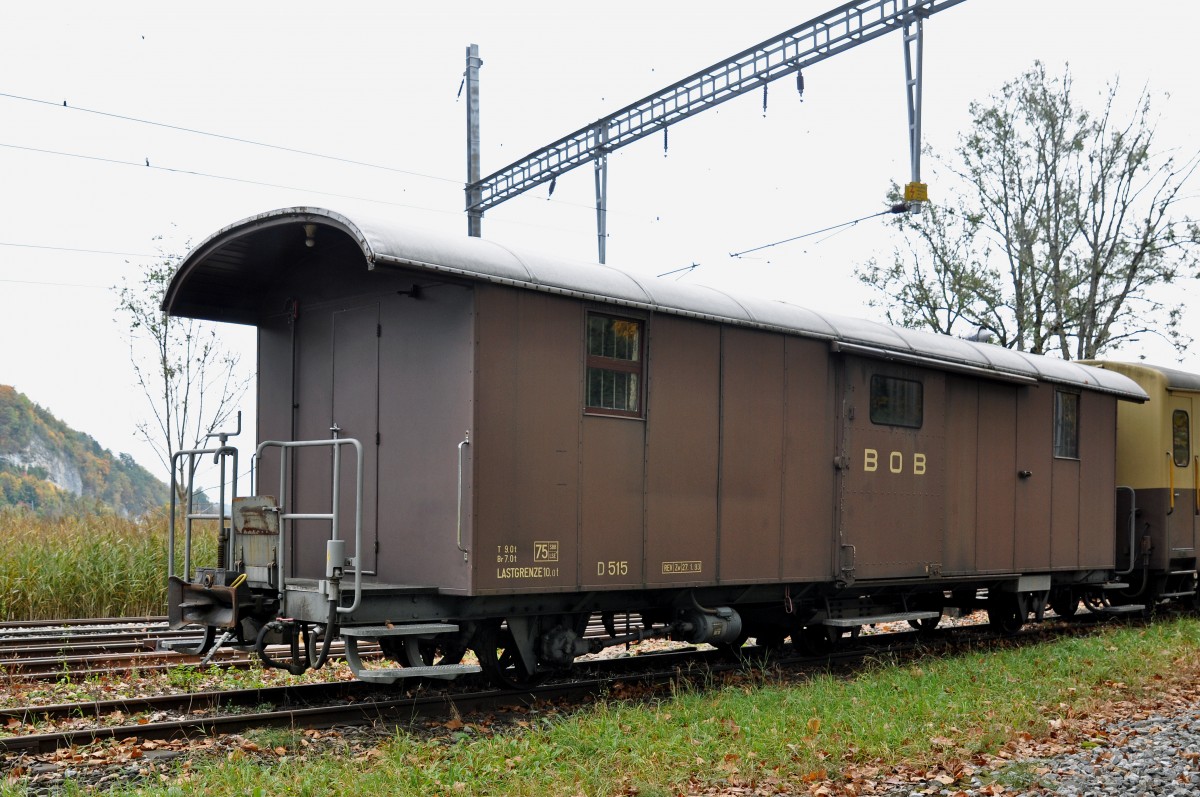 Ausgemusterter BOB Gepäckwagen D 515 steht auf einem Abstellgleis beim Bahnhof Interlaken Ost. Die Aufnahme stammt vom 10.10.2015.