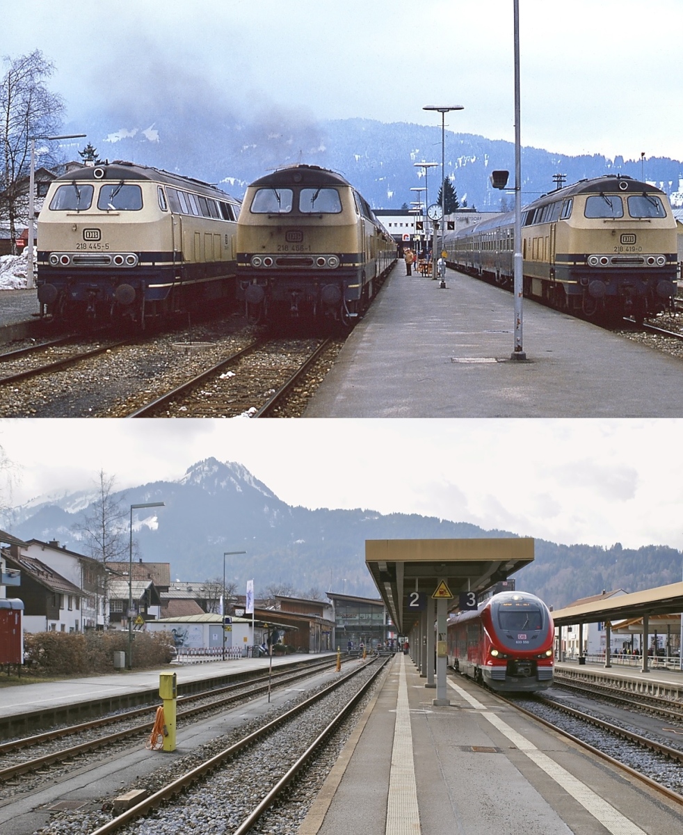 Ausnahmsweise etwas positives hat sich im Bahnhof Oberstdorf getan: Oben verlässt 218 466-1 im April 1982 den Kopfbahnhof, flankiert wird sie dabei von 218 445-5 und 218 419-0. Die verschmutzte Front der Lok ist wahrscheinlich darauf zurückzuführen, dass sie eine Zeitlang als zweite Lok einer Doppeltraktion im Einsatz war (Abgashutzen waren damals noch die absolute Ausnahme). Darunter 633 550 am 23.02.2023, inzwischen haben die Bahnsteige eine Überdachung erhalten.
