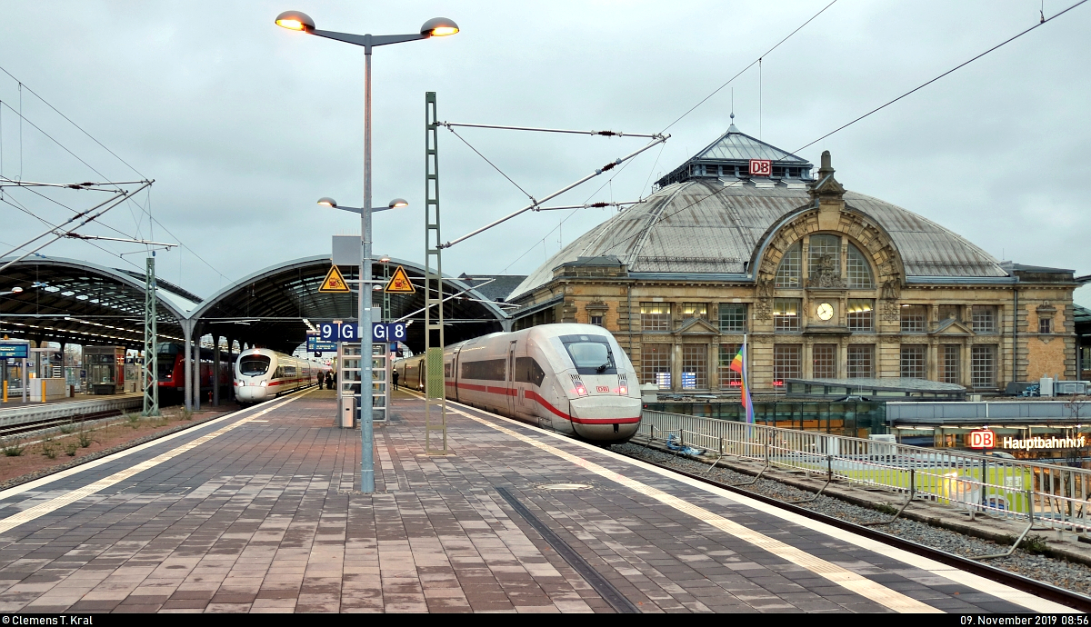 Außerplanmäßiges ICE-Treffen in Halle(Saale)Hbf auf Bahnsteig 8/9 mit einem 411 als unbekannter ICE nach Ostseebad Binz und 812 002 (Tz 9002), ebenfalls unerkannt geblieben.
[9.11.2019 | 7:56 Uhr]