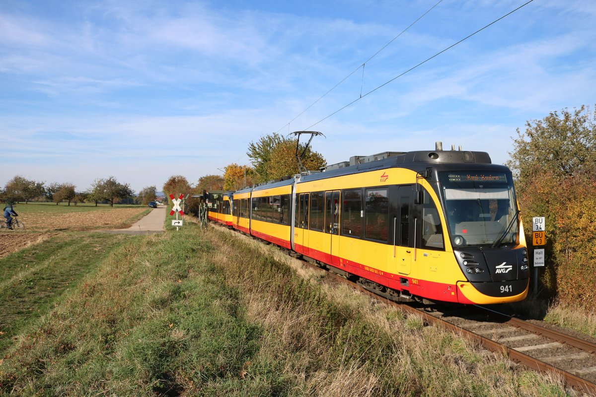 AVG (Albtal-Verkehrs-Gesellschaft) Bombardier ET2010 Wagen 941+931 am 03.11.18 in der Nähe von Sulzbach auf der Strecke Frankfurt Höchst-Bad Soden. Durch Planungen zur RTW Regionaltangente West wurden zum zweitem mal Testfahrten mit AVG Stadtbahnwagen aus Karlsruhe vorgenommen