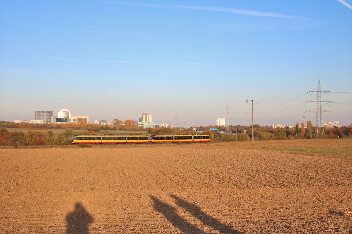 AVG (Albtal-Verkehrs-Gesellschaft) Bombardier ET2010 Wagen 941+931 am 03.11.18 in der Nähe von Sulzbach auf der Strecke Frankfurt Höchst-Bad Soden. Durch Planungen zur RTW Regionaltangente West wurden zum zweitem mal Testfahrten mit AVG Stadtbahnwagen aus Karlsruhe vorgenommen