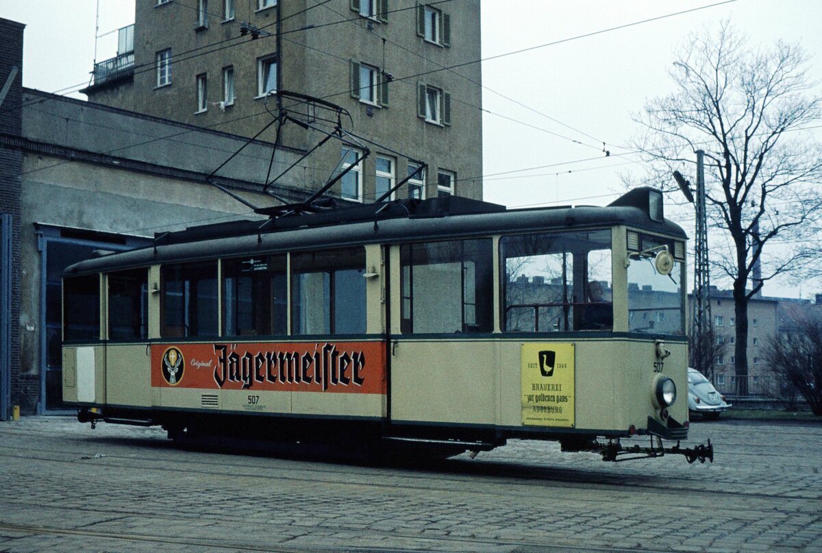 AVG Straßenbahn Augsburg__KSW Tw Nr.507 [Fuchs, 1948].__09-03-1974
