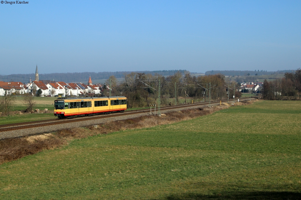 AVG Triebwagen 834 als S9 nach Mühlacker bei Heidelsheim. Aufgenommen am 09.03.2014.